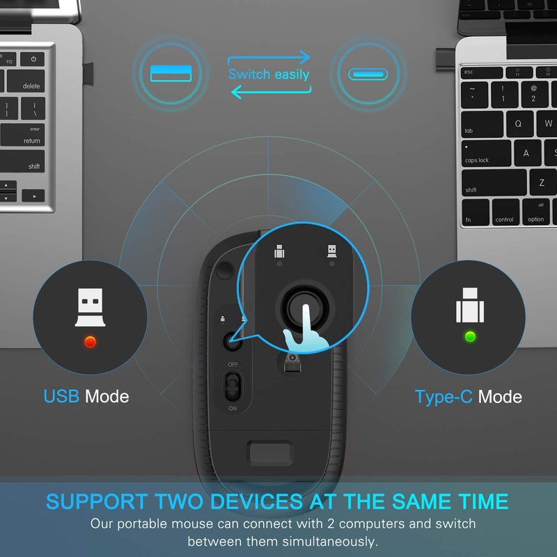 VssoPlor Type C Wireless Mouse, USB C MacBook Wireless Mouse Dual Mode Cordless Mice with USB and Type C Receiver Compatible with PC, Laptop, MacBook and All Type C Devices-Black and Silver - Image 2